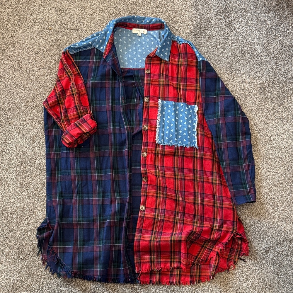 Umgee Patchwork Plaid Button-Down Shirt - Red & Navy